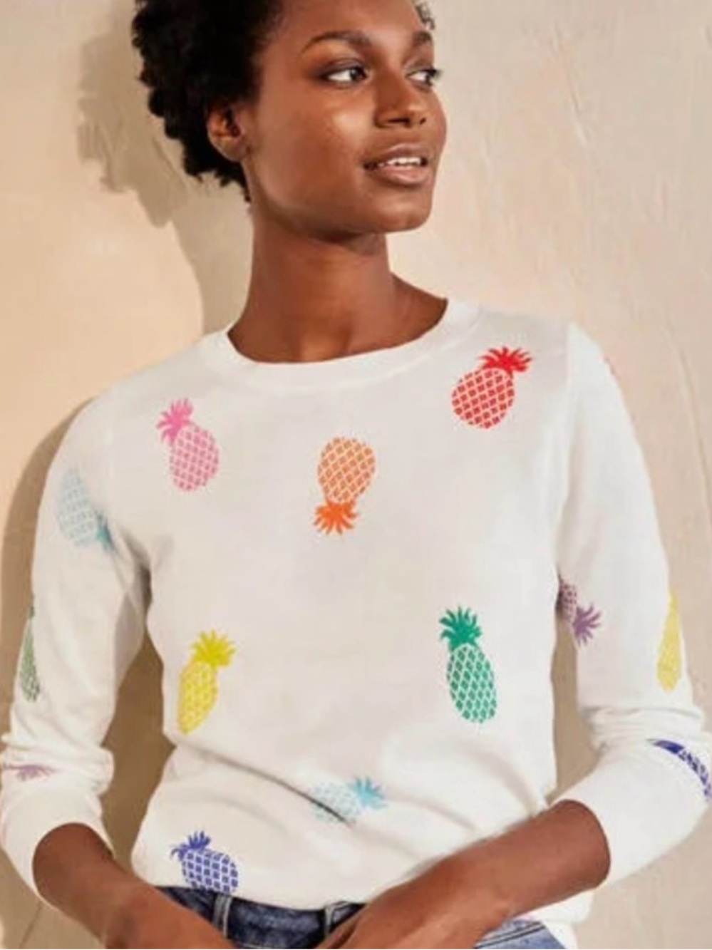 Boden Banbury White Rainbow Pineapple 100% Cotton Lightweight Sweater | Medium